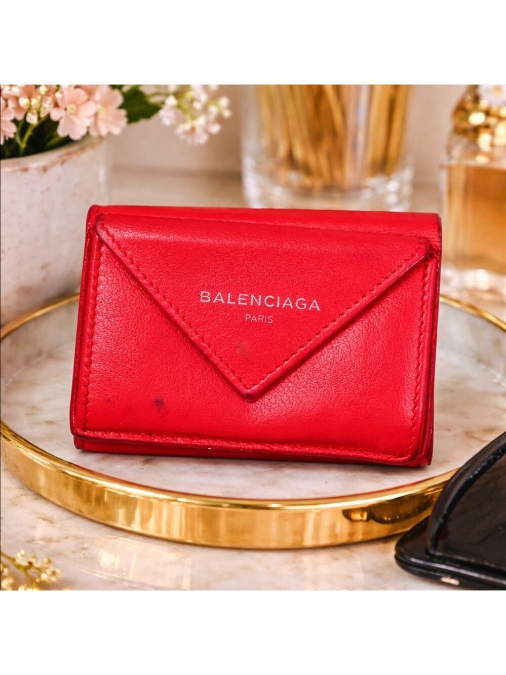 BALENCIAGA PAPIER MINI TRI-FOLD WALLET RED LEATHER ITALY COMPACT DESIGNER WALLET